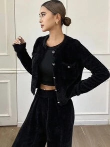 DAZY 2pcs Women's Cardigan Sweater Set With Front Button Long Sleeve Top And Pants