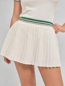 Menodora SHEIN Sport Women's Pleated Tennis Skirt With Built-In Shorts,Ball Pocket,Stretch Waistband,White,Autumn,Athleisure,Golf,Back-To-School,Sporty Contrast Trim,Light - Beige - View 5