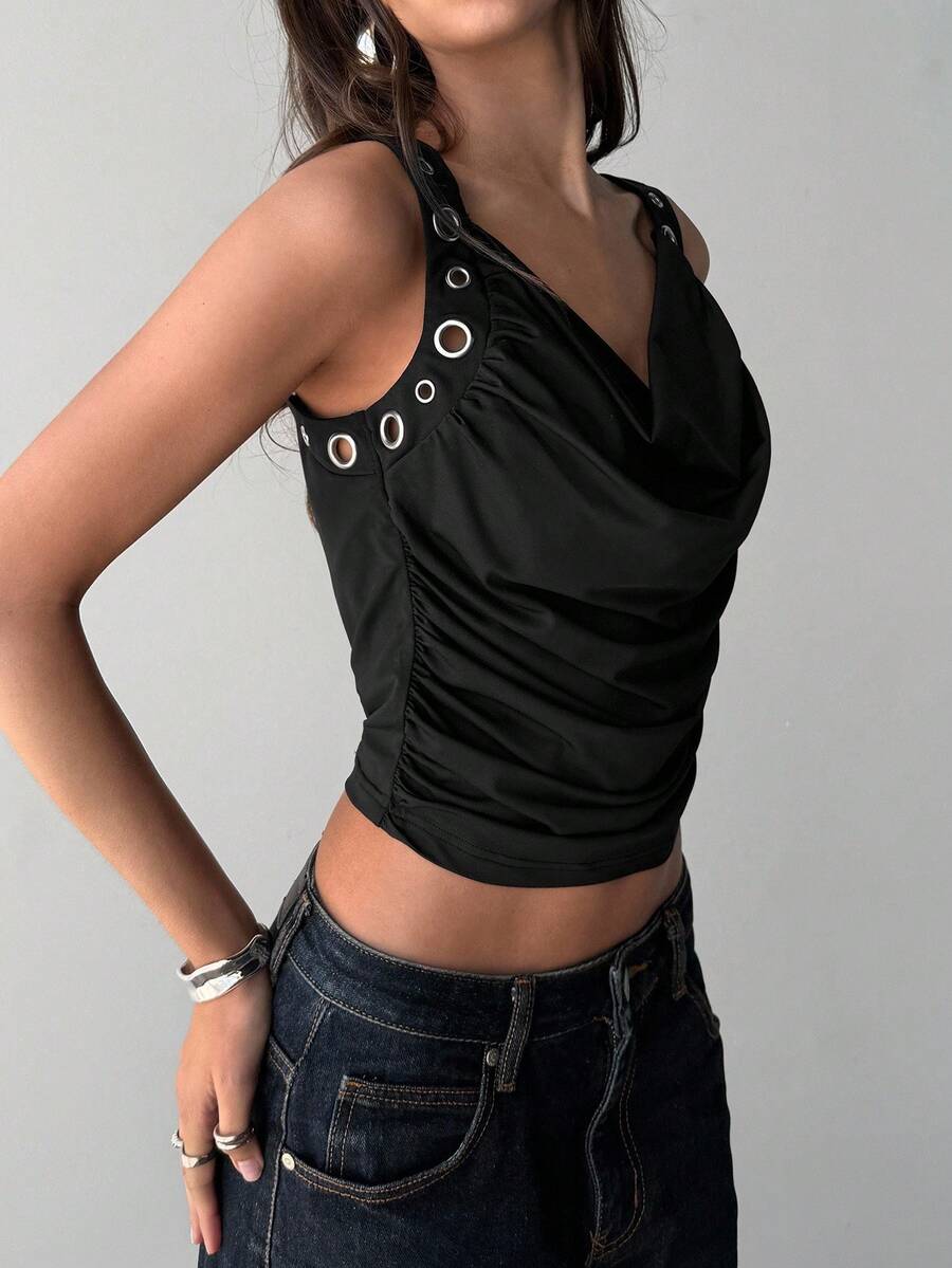 Aloruh Women's Solid Color Cowl Neck Eyelet Design Cropped Tank Top Black Crop Top Women Buckle Top Tops Cute Women Tops Cute Tops Party/Nightclub/Y2K