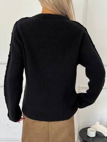 DAZY Women's Casual Solid Color Button Decorated Sweater, Autumn - Black - View 2