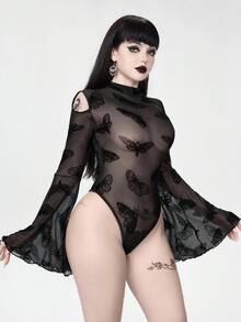 ROMWE Bộ đồ liền thân tay loe phối ren họa tiết bướm Gothic gợi cảm - màu đen - Xem 6