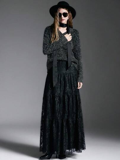 MYSTAURA 女士时尚亮片蕾丝长裙