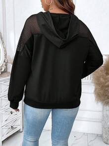 Elenzga Plus Size Women Casual Sports Patchwork Hollow Mesh Printed Sweatshirt - Black - View 2