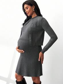 MaterniWear 孕妇休闲通勤开衫和毛衣连衣裙套装，秋冬 - 深灰色 - 查看 7