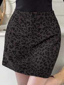 FRIFUL 女式休闲豹纹纽扣腰短裙 - 深灰色 - 查看 4