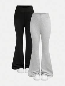 Girlism Bộ 2 quần ống loe trơn màu cho bé gái tuổi teen, thích hợp mặc hàng ngày - Màu Xám nhạt - Xem 12