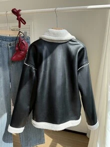 SHEIN 少女休闲基本款通勤PU拼接宽松保暖内衬夹克，秋冬 - 黑色 - 查看 2