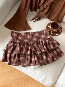 Comfortcana 女式格子蝴蝶结装饰双层荷叶边下摆时尚 A 字裙