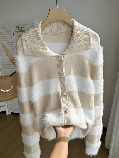 Teen Girl Cardigan Sweater, Autumn/Winter Oversized Collar Knitted Patchwork Fuzzy Striped Sweater Jacket, Casual Cozy Vacation Versatile Warm Outerwear