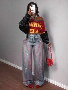 Slaydiva 女式高腰口袋水钻装饰阔腿宽松休闲牛仔裤闪亮牛仔裤 Y2k 水钻牛仔裤闪亮牛仔裤红色水洗牛仔裤 - 中等水洗藍 - 查看 5
