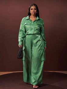Slaydiva Sage Green,Autumn,Elegant,Formal Plus Size 2 Pieces Set Loose Shirt Collar Long Sleeve Sparkly Top And Wide Leg Long Pants For Casual Streetwear Party - Green - View 9