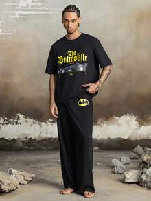 BATMAN X SHEIN Men's Summer Letter Graphic Top & Pants Loungewear Set - Black - View 1
