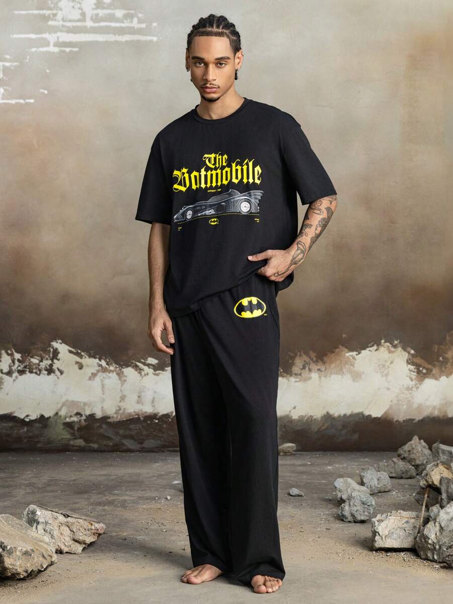 BATMAN X SHEIN Men's Summer Letter Graphic Top & Pants Loungewear Set - Black - View 1