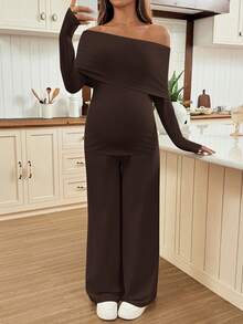 SHEIN 2pcs Maternity Set: Solid Color Fitted Long Sleeve Top And Wide Leg Pants - Brown - View 4