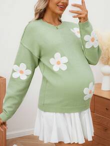 SHEIN Women Loose Fit Contrast Color Towel Embroidery Design Maternity Sweater, Long Sleeve Knitted Pullover For Autumn/Winter - Green - View 6