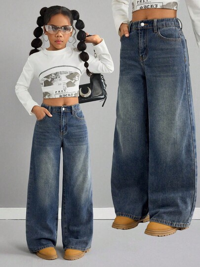 SHEIN Tween Girls' Retro Fashion Vintage Blue Loose Low-Waist Baggy Jeans Fall Winter,For Girls Fall/Winter Dailywear Costume,Girls Streetwear Outfits,Tween Halloween Outfits,Girls Christmas Outfits,Teen Jeans,Winter Clothes
