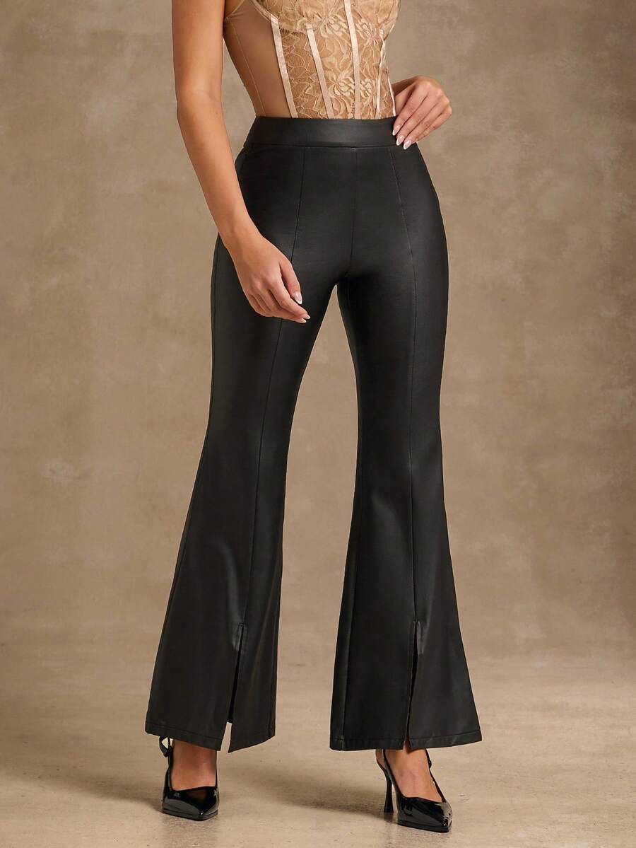 Glamine Women's Black Leggings, Slim Fit Flared Pants, High Stretch PU Leather Pants - Black - View 1