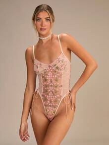 Enchnt 刺绣网眼系带泰迪连体衣内衣内衣丰盈花卉光彩 - 藕粉色 - 查看 7