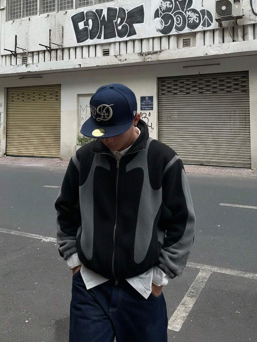 Manfinity EMRG Herren Jacke, Hemdkragen Farbblock Lässig Pendler Foto, Herbst/Winter, Sherpa Stoff - Schwarz - Übersicht 1