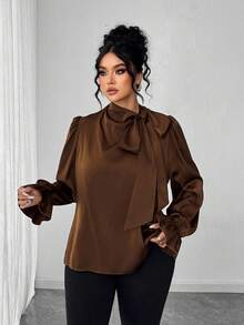 Elenzga Plus Size Elegant Commuter Solid Color Satin Collar Tie Neck Blouse Fall - Chocolate Brown - View 3