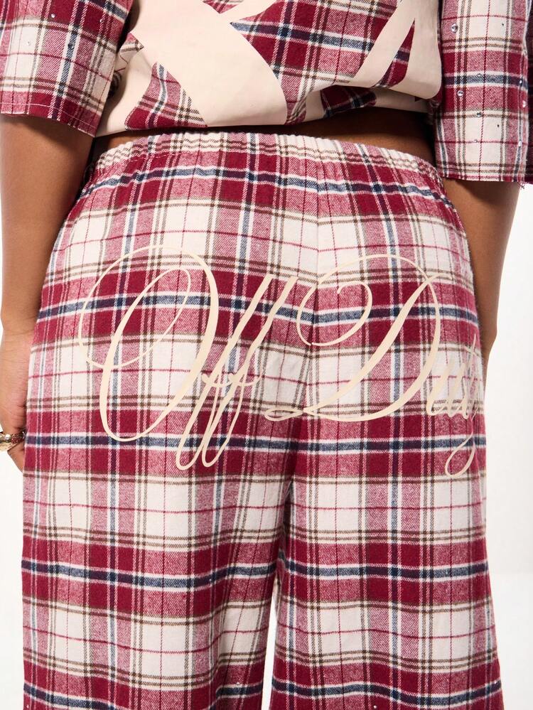 SUMWON WOMEN ドローストリングとロゴプリントのワイドレッグチェックパンツ