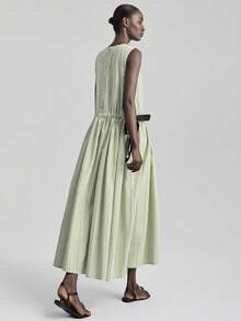 Ontre Women's Summer Simple Striped Loose Drawstring Waist Long Dress, Military Green, Suitable For Teachers, Urban Intellectual, Bowknot Strap Beach Holiday Outfit, Island Resort Bohemian Dress, Music Festival, Halloween, Christmas Party, Elegant Country Music Concert Dress