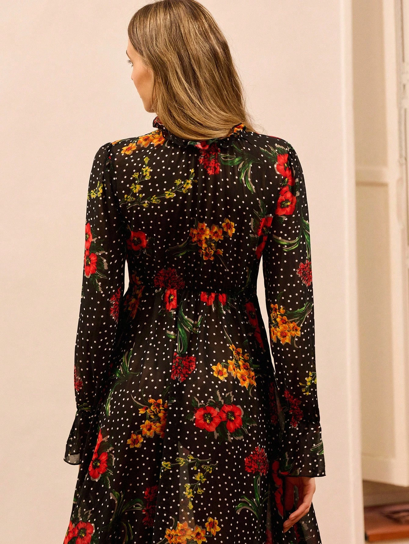 Black Flowing Floral Print Maxi Dress With Shirred High Neck And Asymmetric Ruffled Hem Spring Summer Spring Women Clothes Spring Summer Office Dress Business Casual Dress Going Out Dress French Style Parisian Style