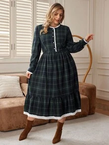 Rosumi Plus Size Women Casual Loose Pocket Plaid Long Sleeve Dress, Elegant Dresses For Women, Dresses For Women Long Sleeve, Dresses For Women Casual, Autumn/Winter,2025 New, - Dark Green - View 3