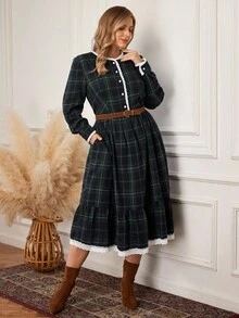 Rosumi Plus Size Women Casual Loose Pocket Plaid Long Sleeve Dress, Elegant Dresses For Women, Dresses For Women Long Sleeve, Dresses For Women Casual, Autumn/Winter,2025 New, - Dark Green - View 6