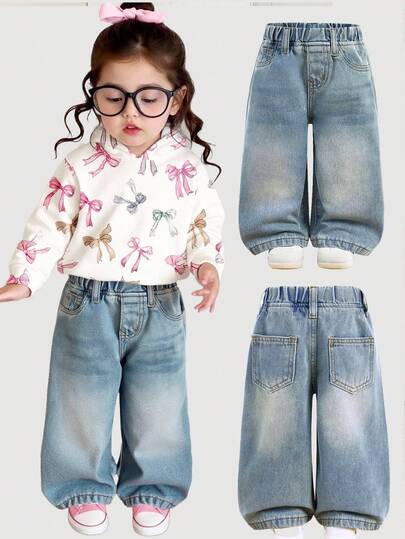 SHEIN Baby Girl Cute Retro Blue Denim Loose Fit Pants Fall Winter,Fall Clothes,Autumn Clothes ,Casual And Fashionable Vacation Outfits,Fleece Leggings Winter