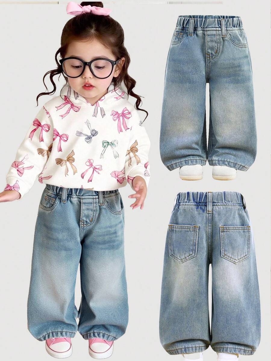 SHEIN Baby Girl Cute Retro Blue Denim Loose Fit Pants Fall Winter,Fall Clothes,Autumn Clothes ,Casual And Fashionable Vacation Outfits,Fleece Leggings Winter