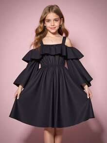 Tween Girl Cold Shoulder Ruffle Trim Dress