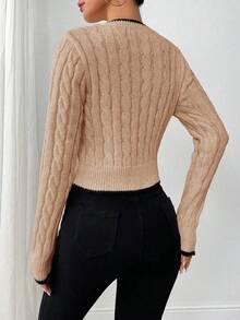 LanaWest 秋冬时尚蝴蝶刺绣V领粗针织女套头衫 - 杏色 - 查看 2