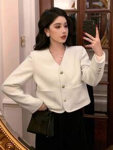 DAZY Women's Elegant Solid Color Overcoat, Suitable For Commuting Jacket - White - View 2