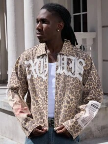 ROMWE MEN Street Life Spring Casual Graphic Men'S Street Fashion Leopard Print Denim Long Sleeve Jacket - Brown - View 6