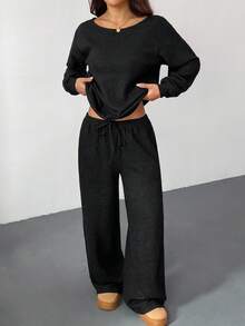 Muchica 女士纯色斜肩长袖上衣和裤子休闲套装 - 黑色 - 查看 4