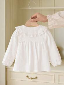 SHEIN Baby Girl Tops French Style Elegant White Lapel Long-Sleeved Top With White Floral Embroidery Details,Autumn Engagement Party Clothes For School - White - View 2