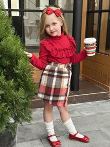 Elladie kids 女童红色荷叶袖高领舒适长袖罗纹上衣搭配格子裙T恤套装，秋冬款 - 紅色 - 查看 5