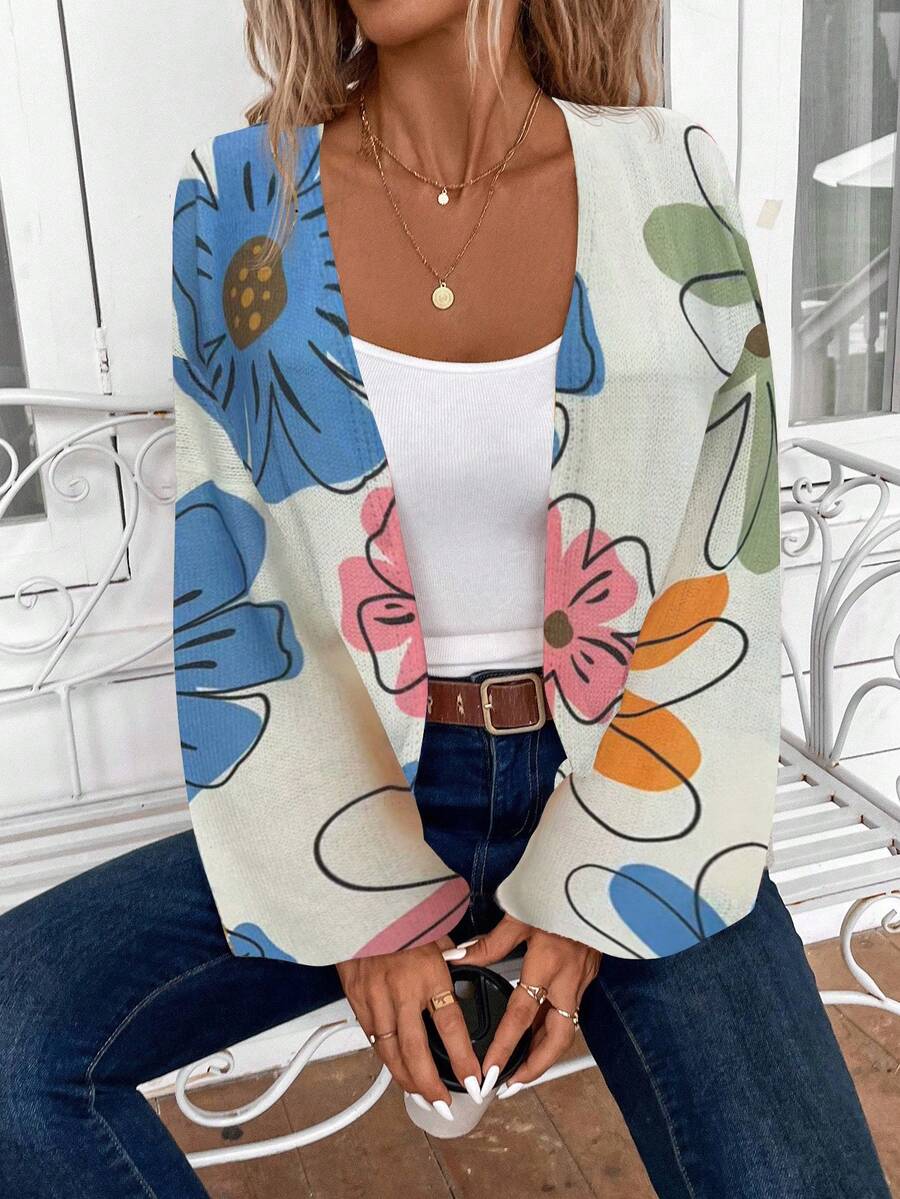 EMERY ROSE 女士彩色花卉图案开衫，秋冬 - 白色 - 查看 1