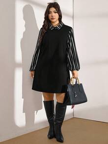 Zelara 大码女式秋冬黑白条纹撞色衬衫领两合一连衣裙 感恩节假日派对连衣裙 - 黑與白 - 查看 6