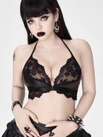 Women's Gothic Style Lace Trim Wireless Bra With 9-Hook Closure