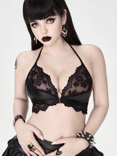 Women's Gothic Style Lace Trim Wireless Bra With 9-Hook Closure