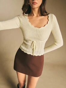 Poéselle 女士休闲镂空针织修身长袖毛衣，秋冬 - 杏色 - 查看 6