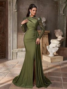 Aureia 优雅奢华灰绿色亮片刺绣拼布弹力针织立领长袖透明褶饰鱼尾裙荷叶边女式正式晚礼服 - 草綠色 - 查看 4