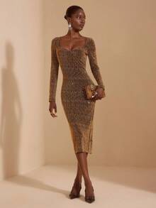 JIAN LASALA Abito midi attillato con scollo quadrato, maniche lunghe e paillettes dorate, abito elegante da donna per feste, abito attillato marrone, abito con paillettes, abito nei toni della terra, collezione di abbigliamento di lusso e di stile