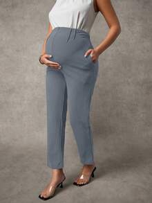 MaterniChic Maternity Casual Solid Color Adjustable Waist Pants With Slant Pockets - Grey - View 3