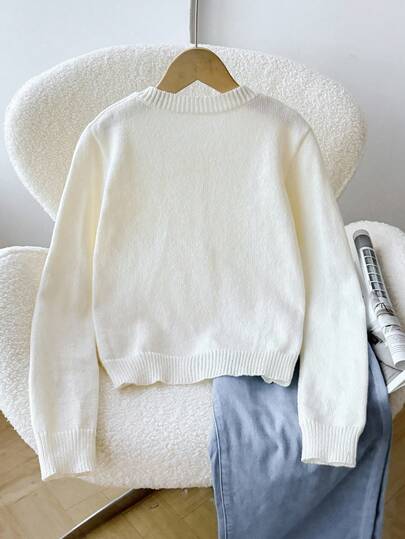 SHEIN Tween Girls' Loose Casual Minimalist Comfortable Round Neck Open Front Solid Color Sweater Autumn Winter Clothes ForGirln