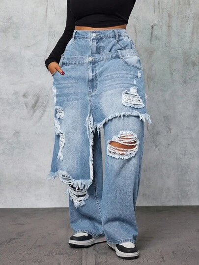 Slaydiva 大码时尚破洞二合一牛仔裤