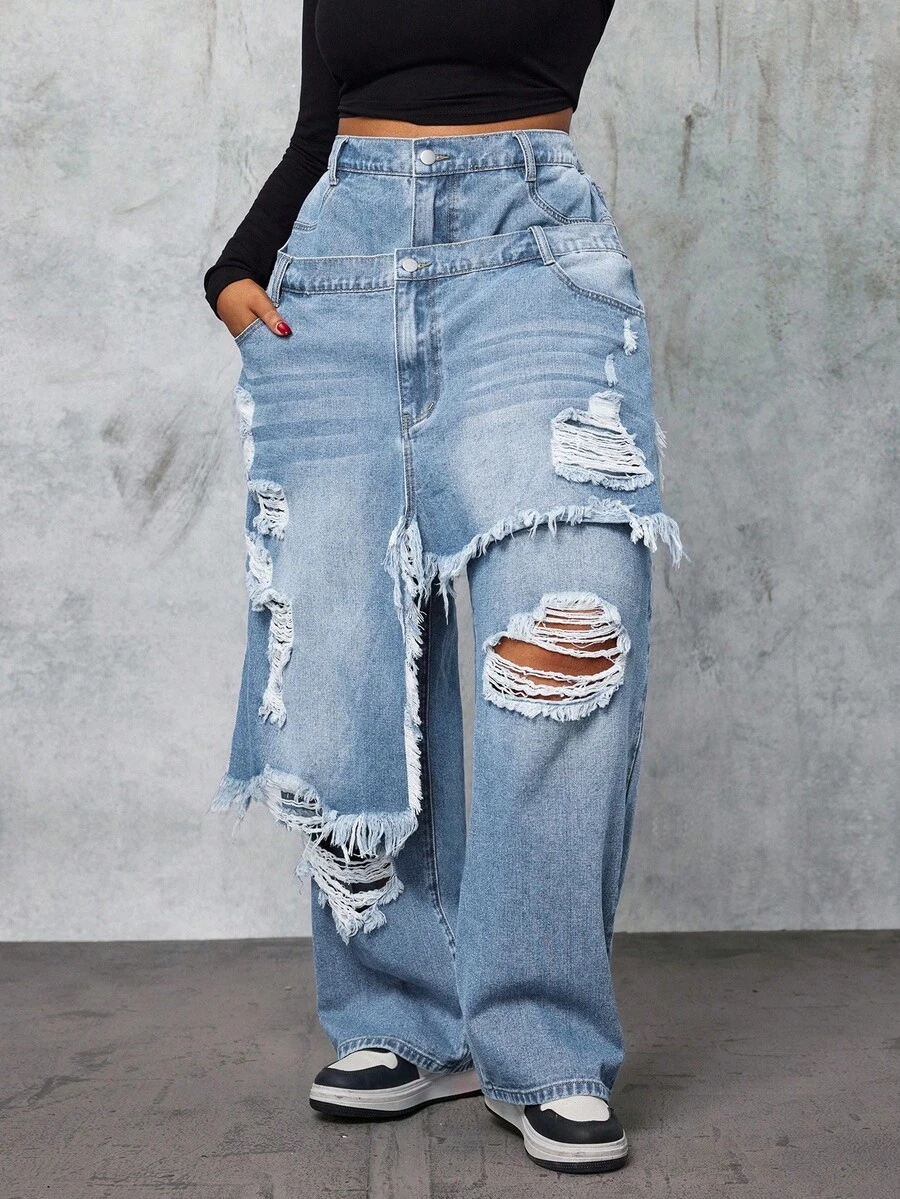 Slaydiva Quần Jeans Denim 2 Trong 1 Thời Trang Cỡ Lớn - Rửa nhẹ - Xem 1
