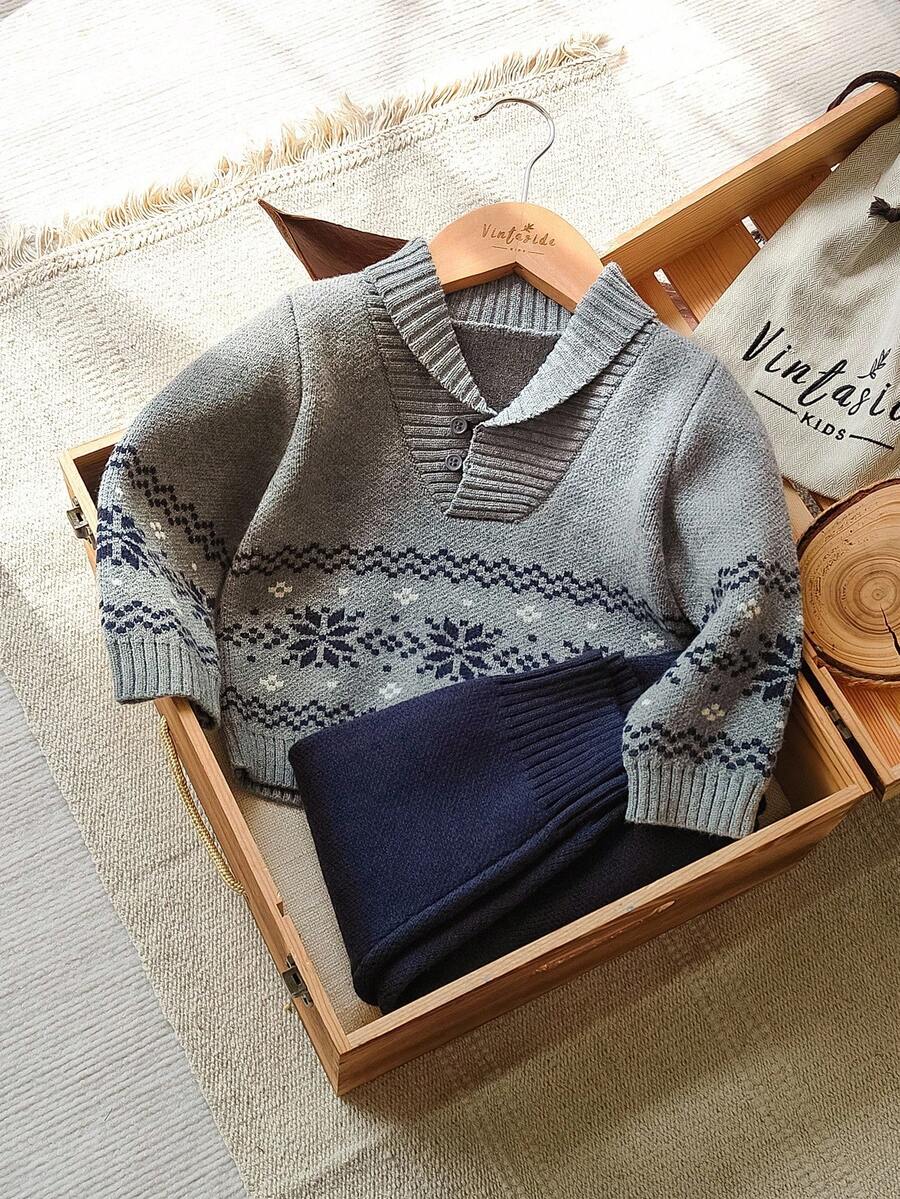 SHEIN Vintaside Kids 男童休闲几何图案针织毛衣和裤子套装,秋冬 - 彩色 - 查看 1